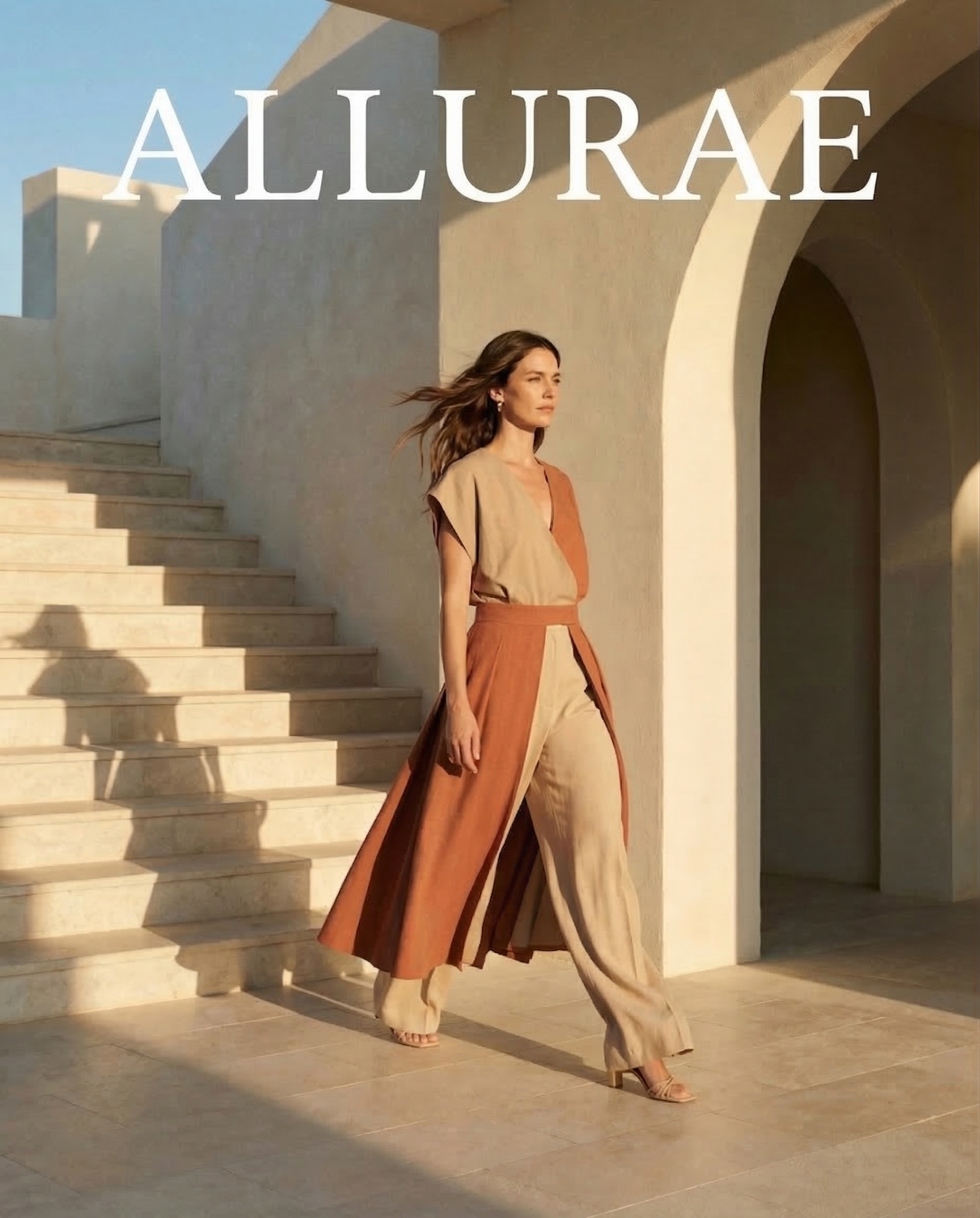 ALLURAE Lookbook — Ensemble fluide terracotta et sable porté en mouvement dans un décor architectural méditerranéen